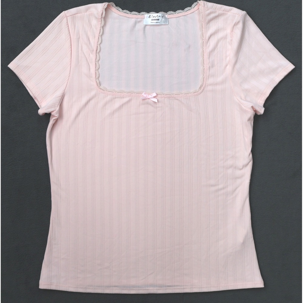Electric Behaviour Top Women L Pink Excellent Pointelle Lace Trim Square Neck